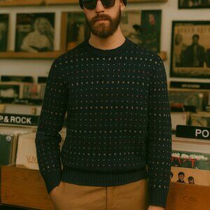 The Vintage Twin Men's XL Crew Neck Knit Sweater Navy Blue Holiday Grandpa Retro